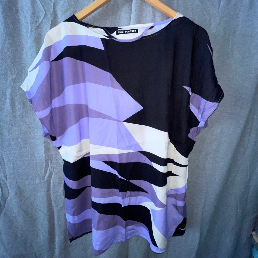 Trixi Schober 95% Silk Short Sleeve Geometric Top Blouse 16 Germany Purple Black